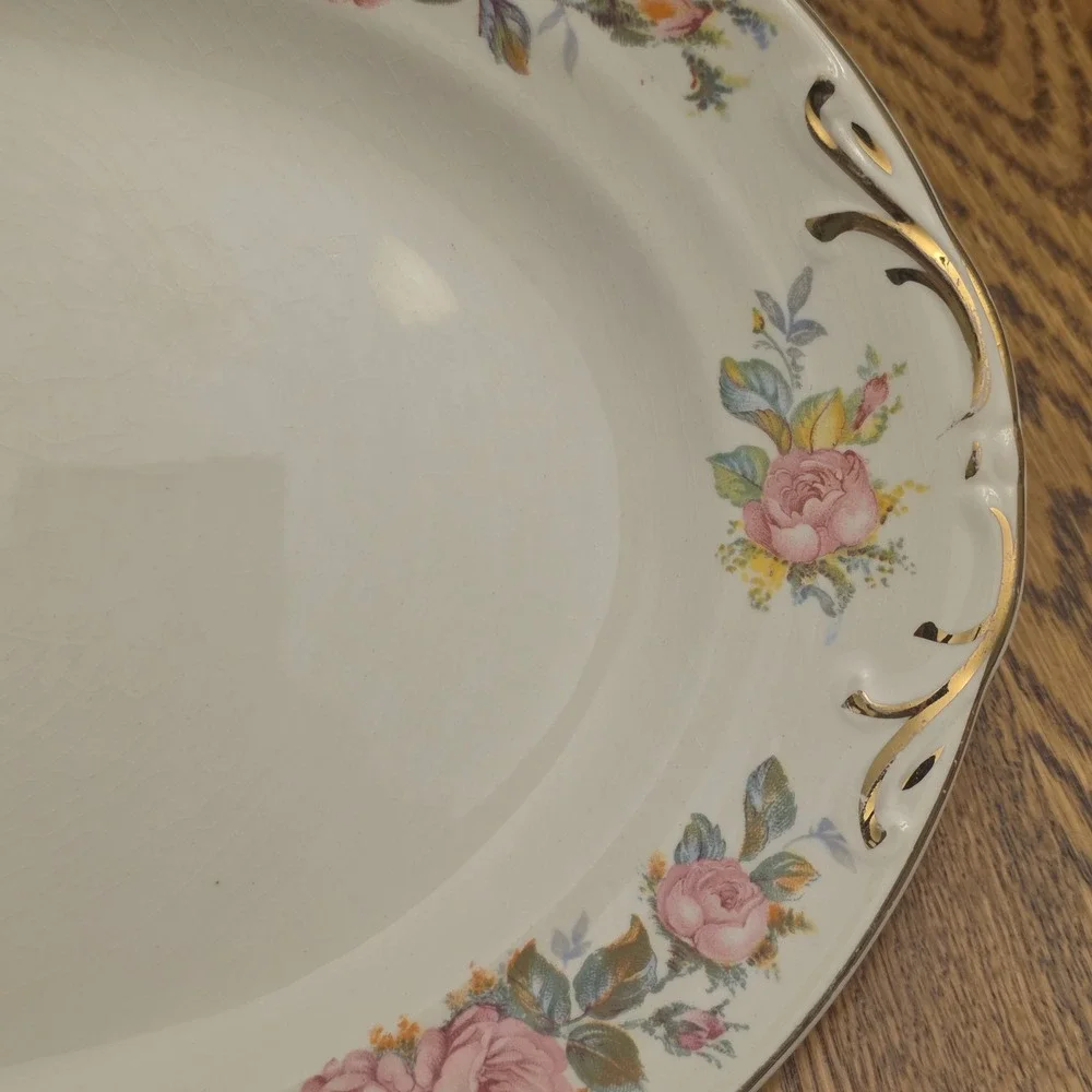 Crown‎ Potteries Co Vintage Pink Rose Oval Serving Platter Gold Trim 11